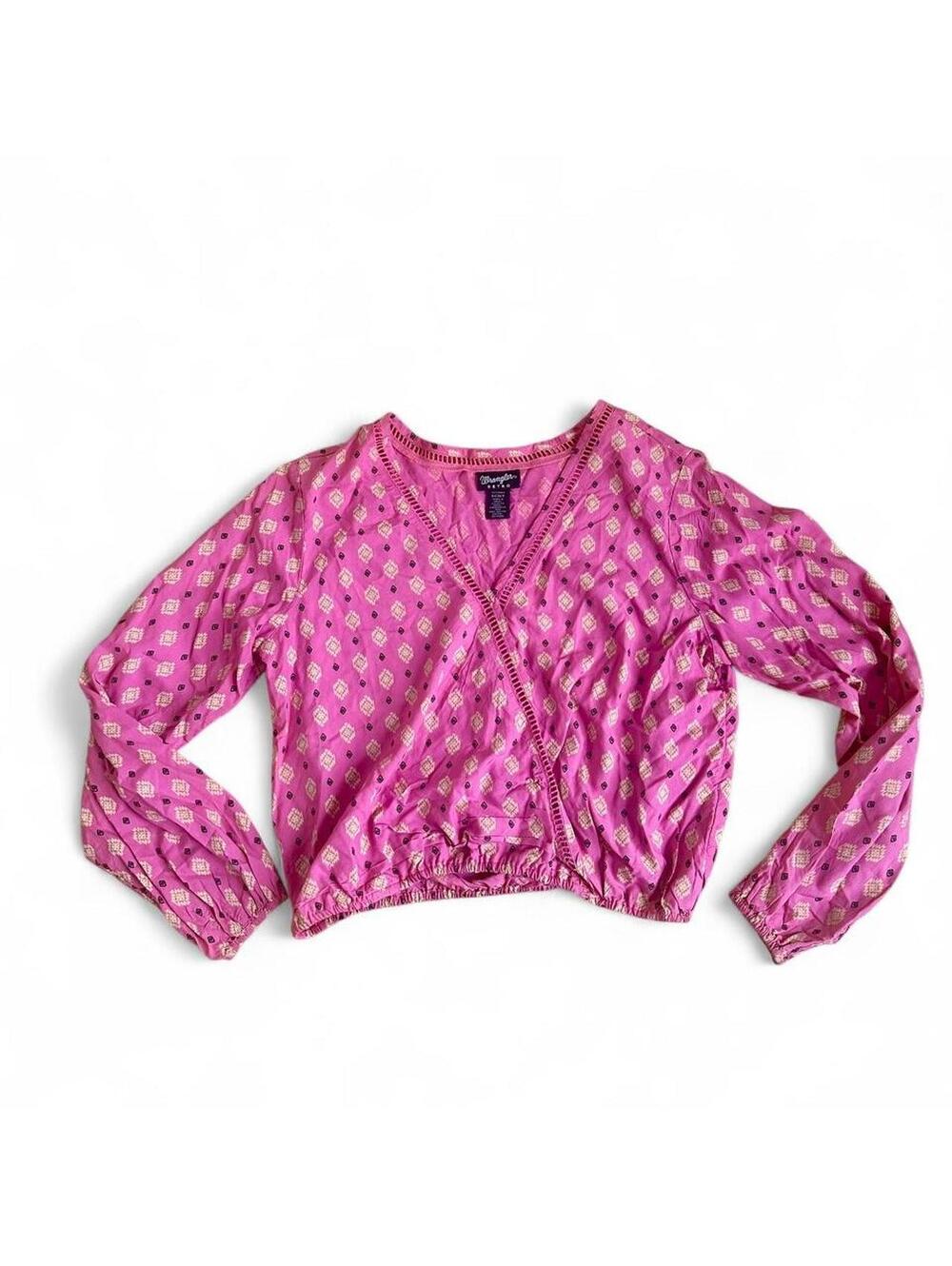 Wrangler Retro Women’s Small Pink Western Boho Geometric Rayon Blouse Top
